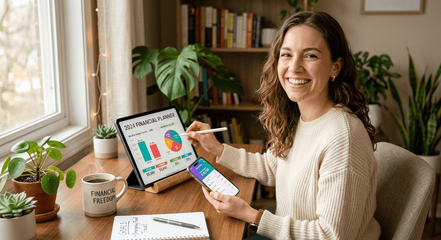 Woman using the My Money Map financial planner on a tablet and phone at her desk